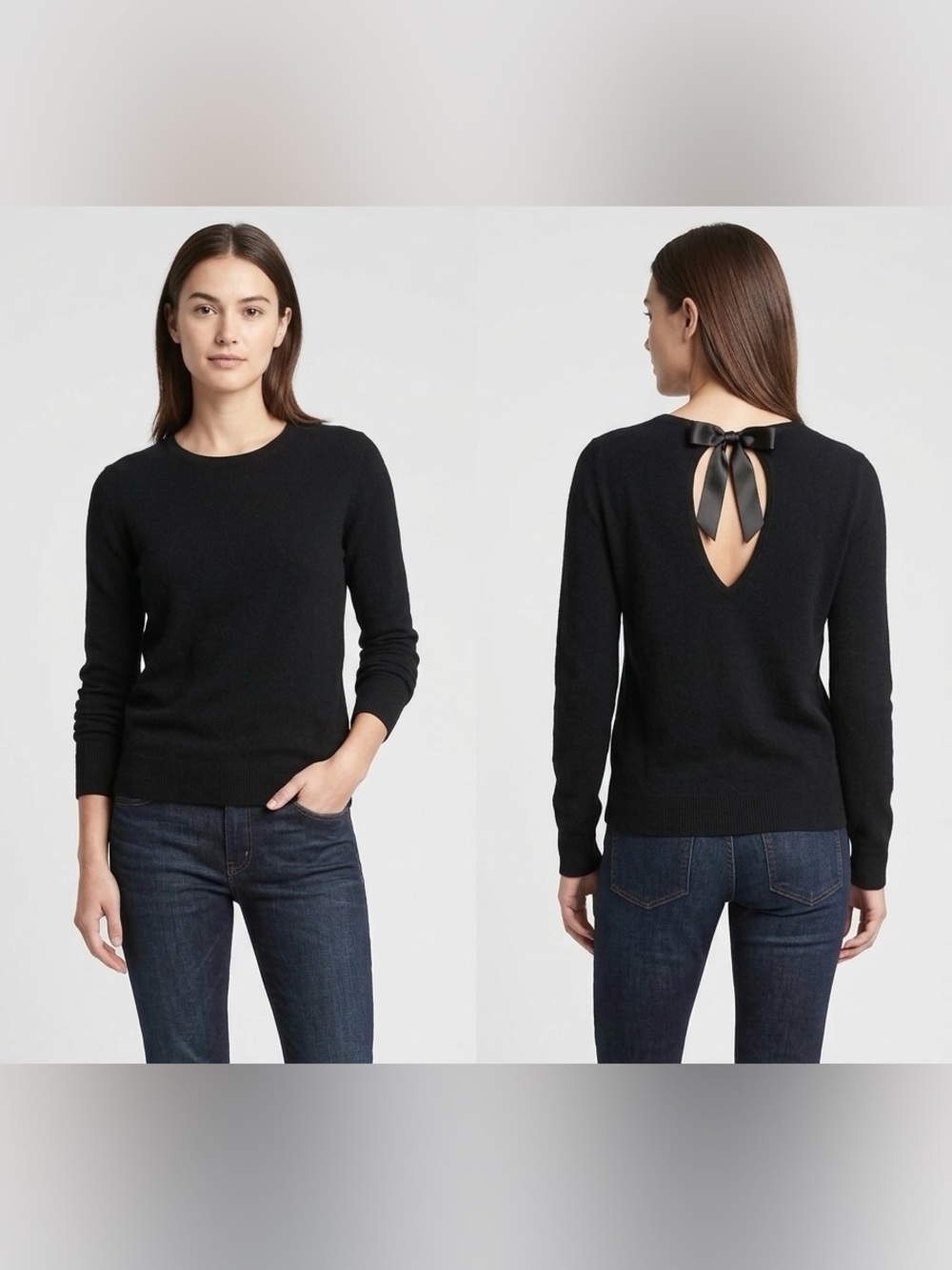GAP Black Angora Cotton Knit Crewneck Sweater Back Ribbon Keyhole M